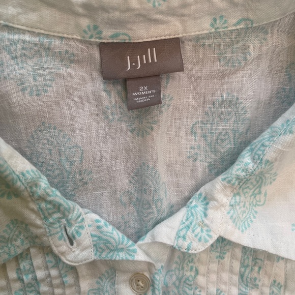J. Jill Aqua Damask Block Print Linen Button Down Shirt - Picture 4 of 5